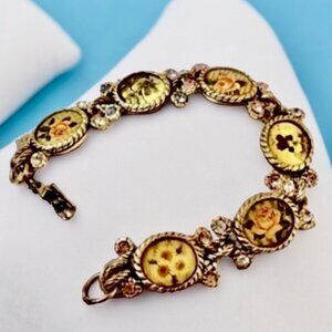 Maximal Art Collector Bracelet John Wind Various Flowers 14K GoldPlate on Pewter